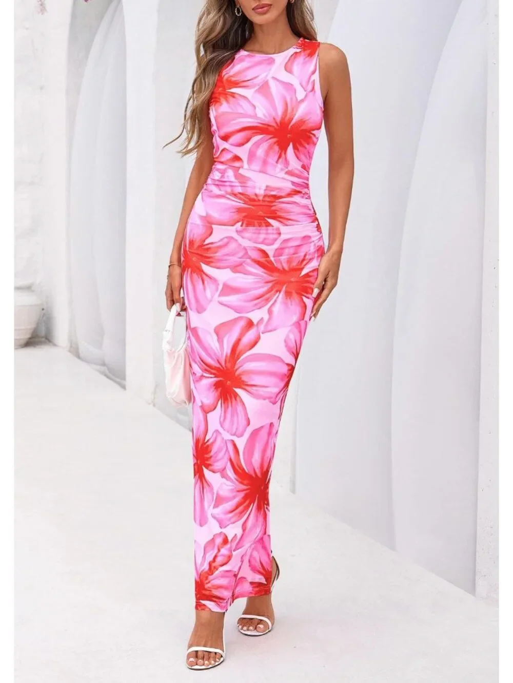 Women Pink Big Floral Polyester Elastane Mesh Sleeveless Bodycon Long Maxi Dress